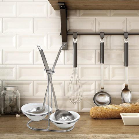 MyGift upright ladle holder showing the silver rack with two ceramic bowls.