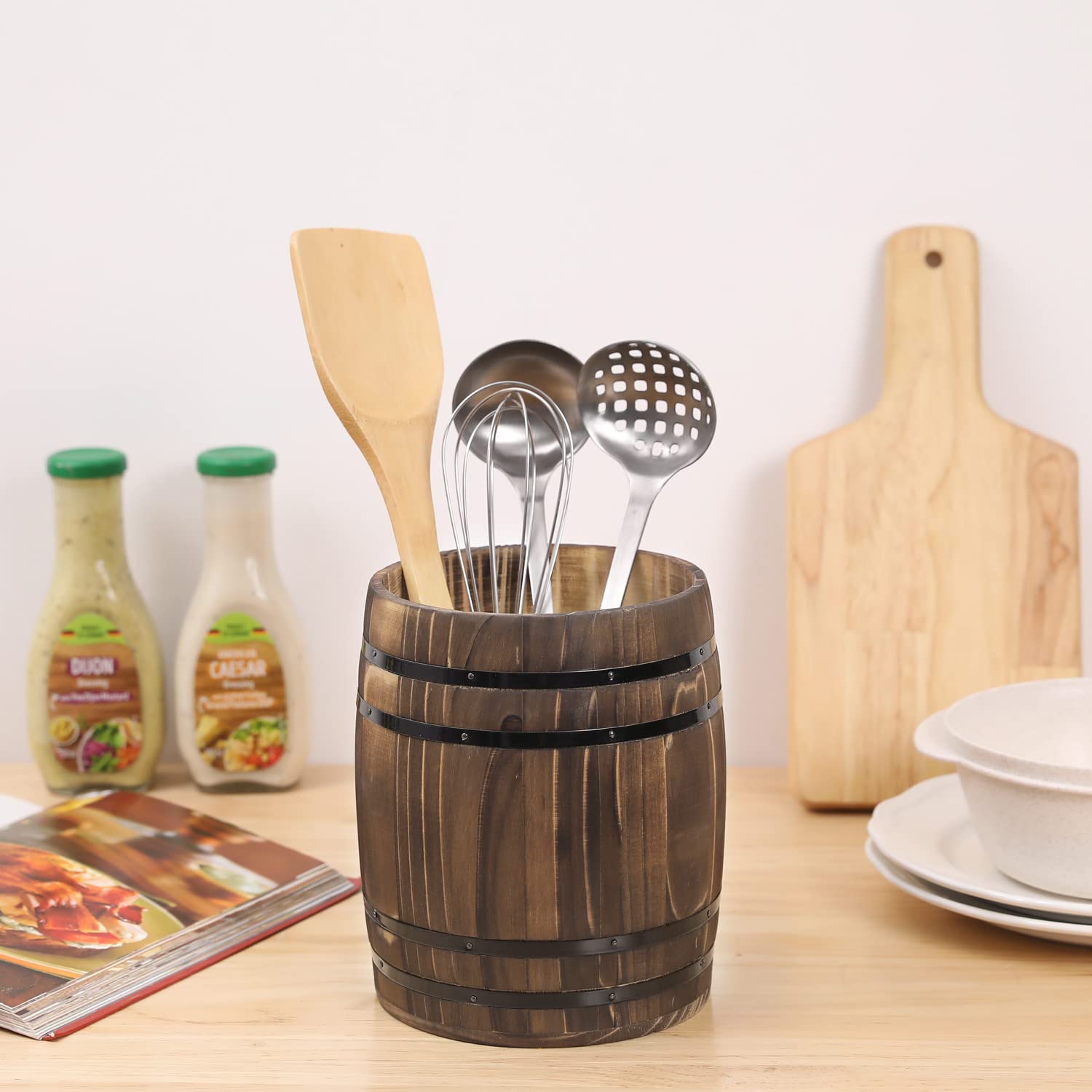 MyGift wine barrel design utensil holder on counter adds vintage charm and quick access.