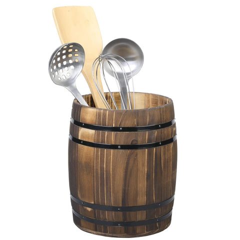 MyGift wine barrel utensil crock in dark brown finish holds spatulas and spoons neatly.