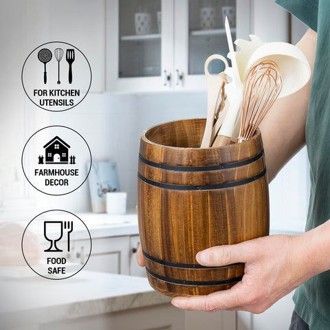 MyGift wine barrel utensil crock dimensions 7.2 in by 6.3 in shown on countertop.