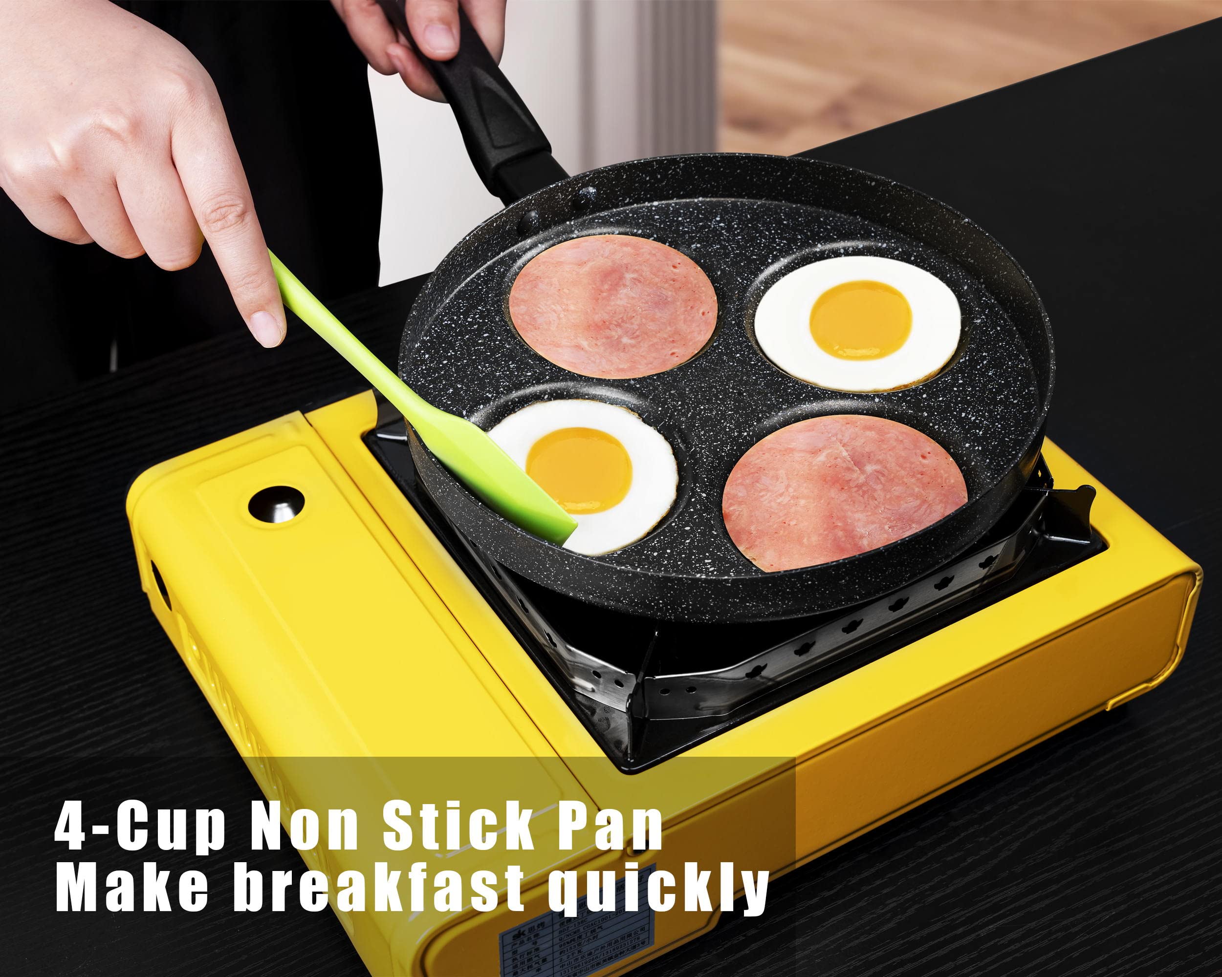 MyLifeUNIT egg pan with cool Bakelite handle for safe handling.
