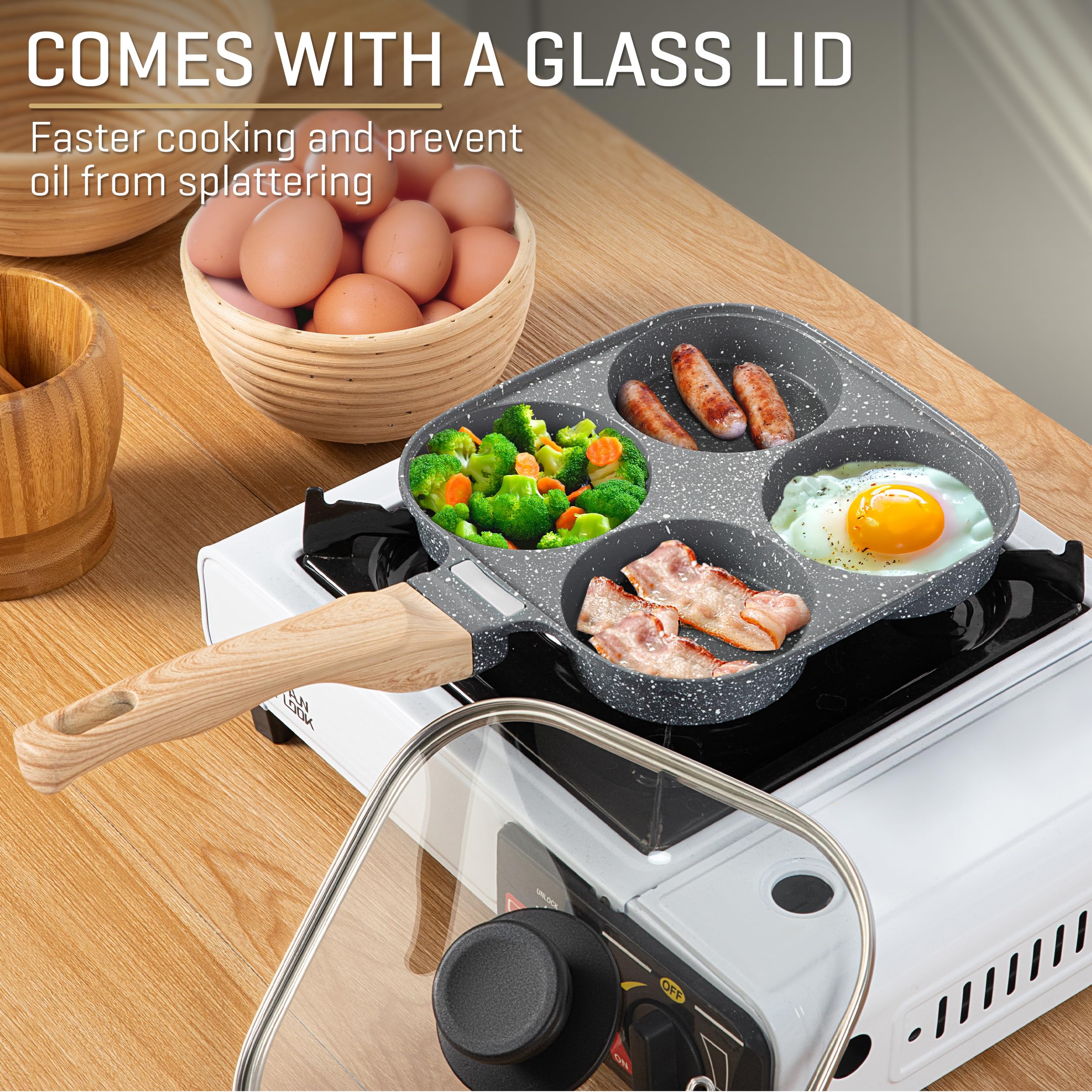 MyLifeUNIT egg pan with lid for faster cooking and splatter control.