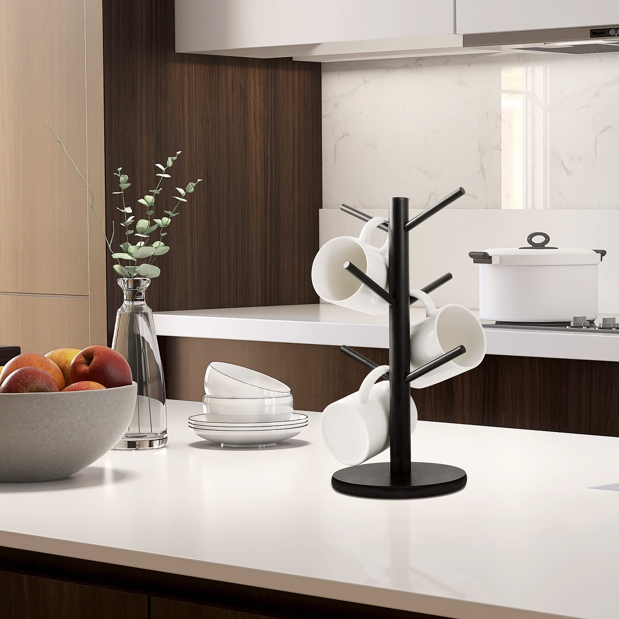 MyLifeUNIT mug holder tree fits six cups, square or round, saving cabinet space.