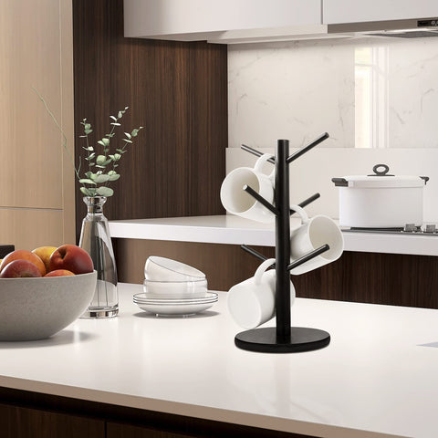 MyLifeUNIT mug holder tree fits six cups, square or round, saving cabinet space.