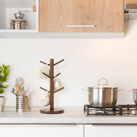 Brown MyLifeUNIT mug holder tree complements modern kitchen decor.