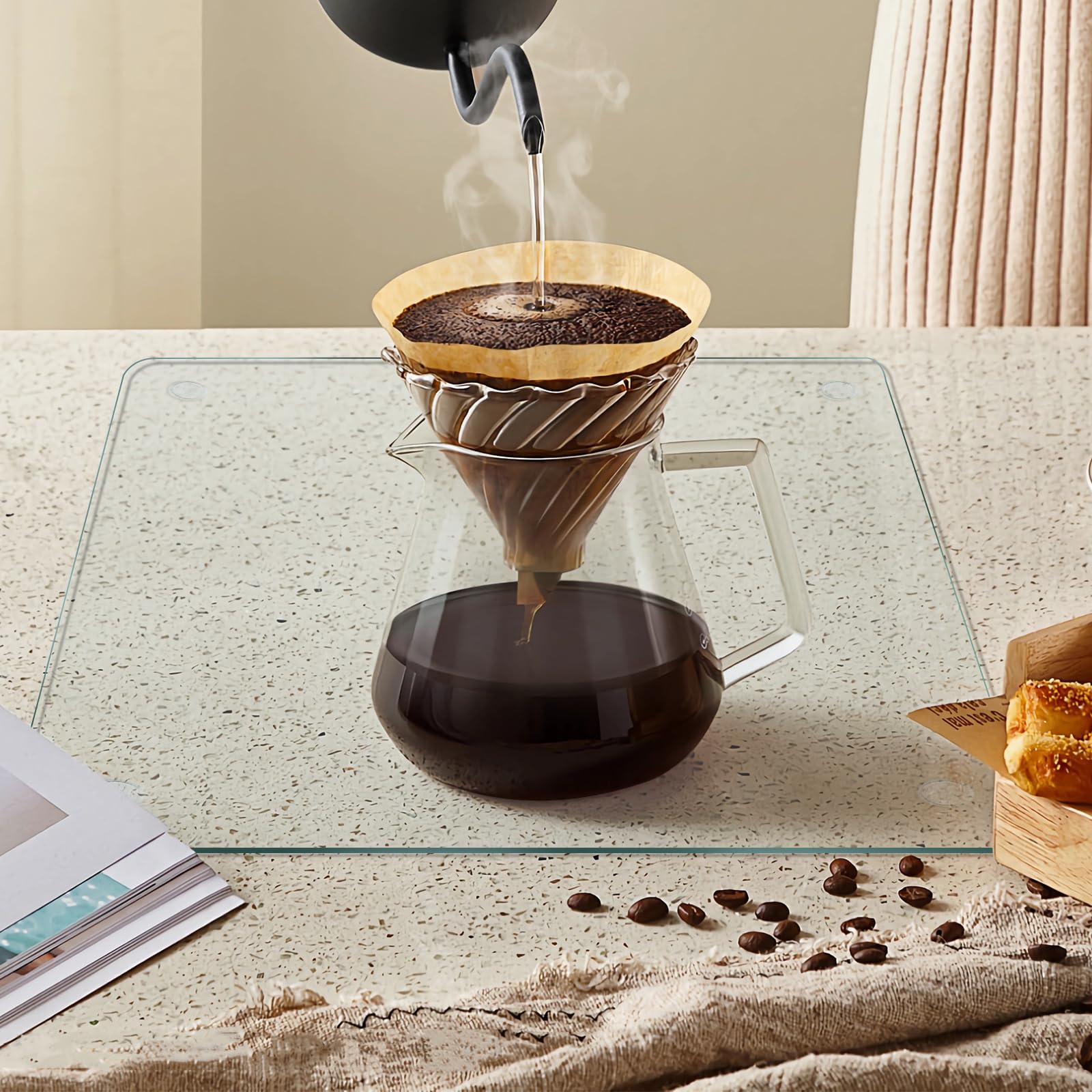 Mymonfif glass board on countertop demonstrating heat resistance.