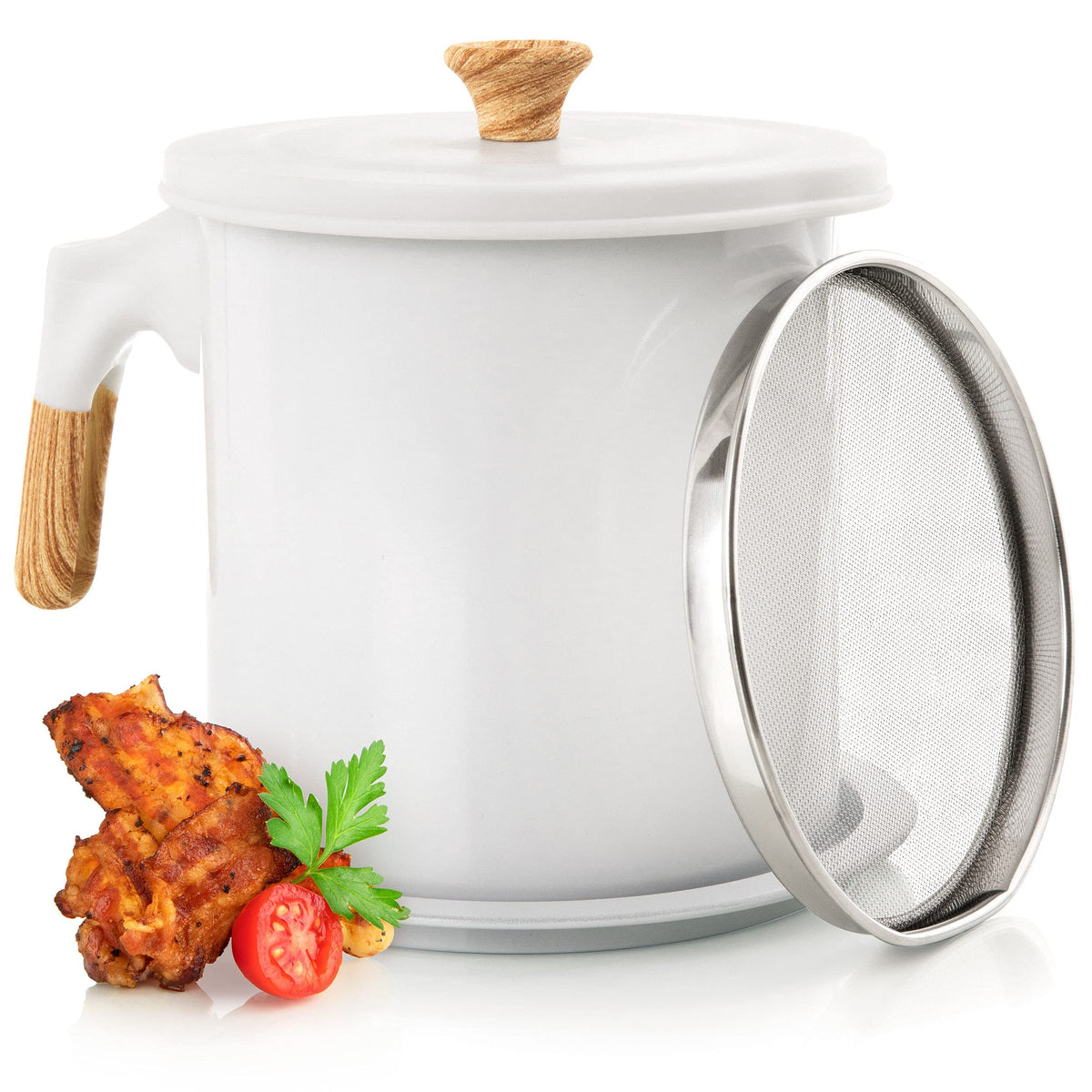 MYMOON HOME bacon grease container front view highlighting a durable iron can for easy reuse.