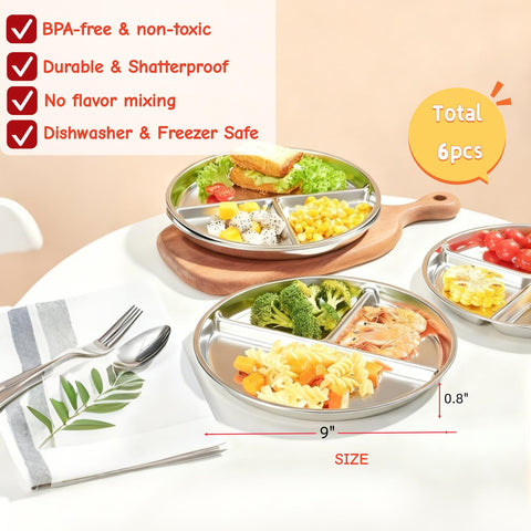 MYOVPLUT kid meal plate in use with separate sections for vegetables, grains, and protein.