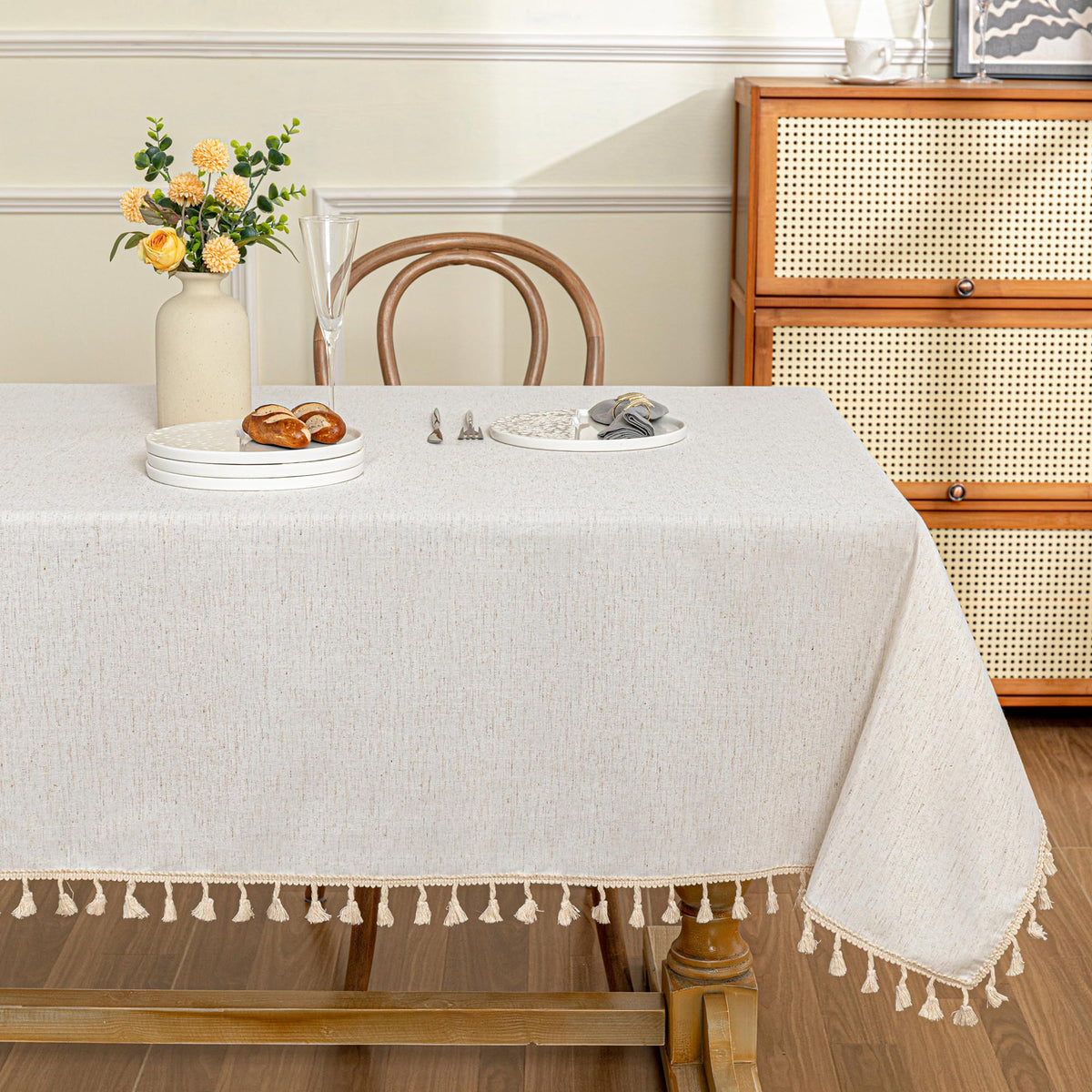 MYSKY HOME table cloth 60x84 inches with beige tassels along the edge for elegant dining