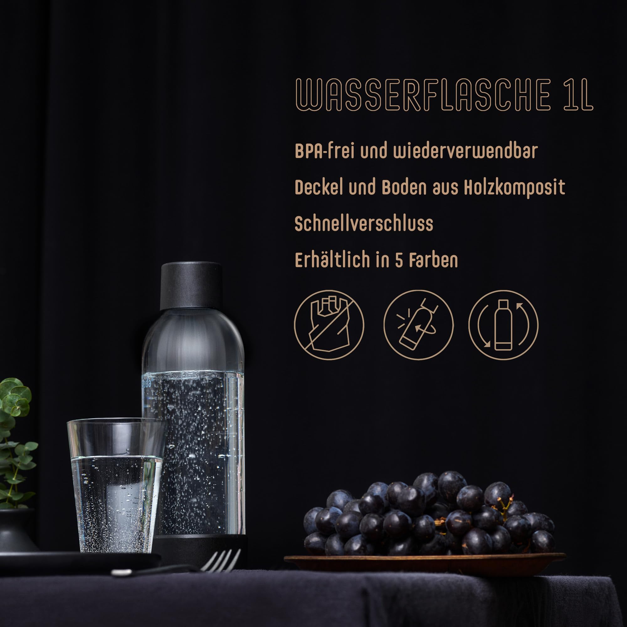 Mysoda BPA-free 1L bottle in black for safe hydration.