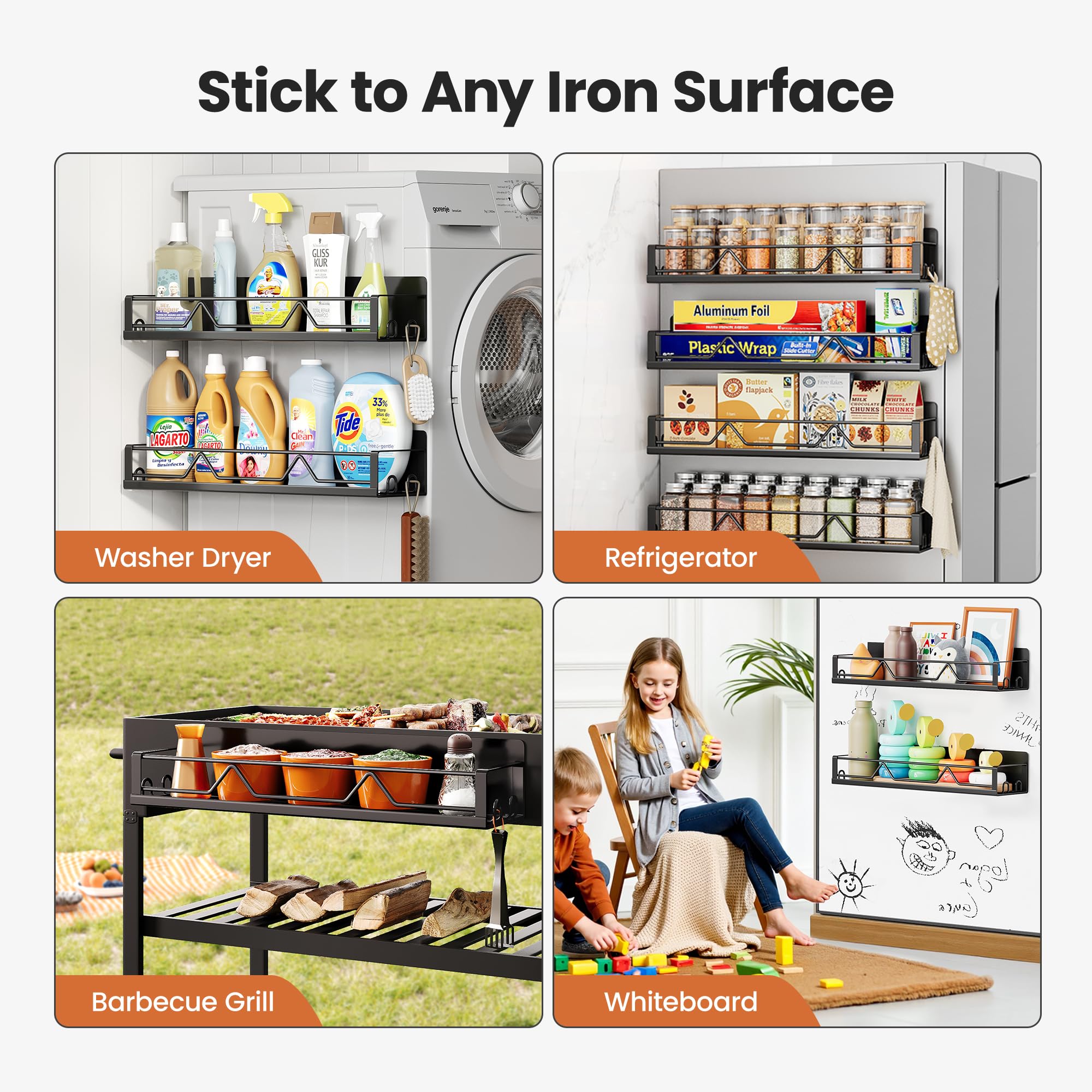 Black metal Mystozer fridge organizer adds a sleek modern touch to kitchens.