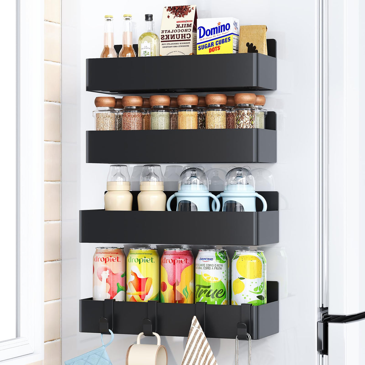Mystozer magnetic spice rack on fridge door keeps spices within reach.