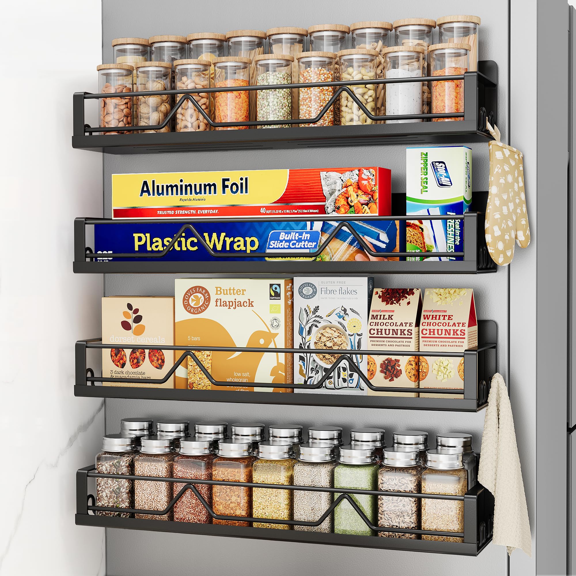 Mystozer magnetic spice shelf for fridge keeps bottles neatly organized and accessible.