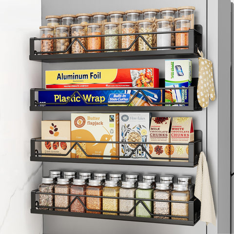 Mystozer magnetic spice shelf for fridge keeps bottles neatly organized and accessible.
