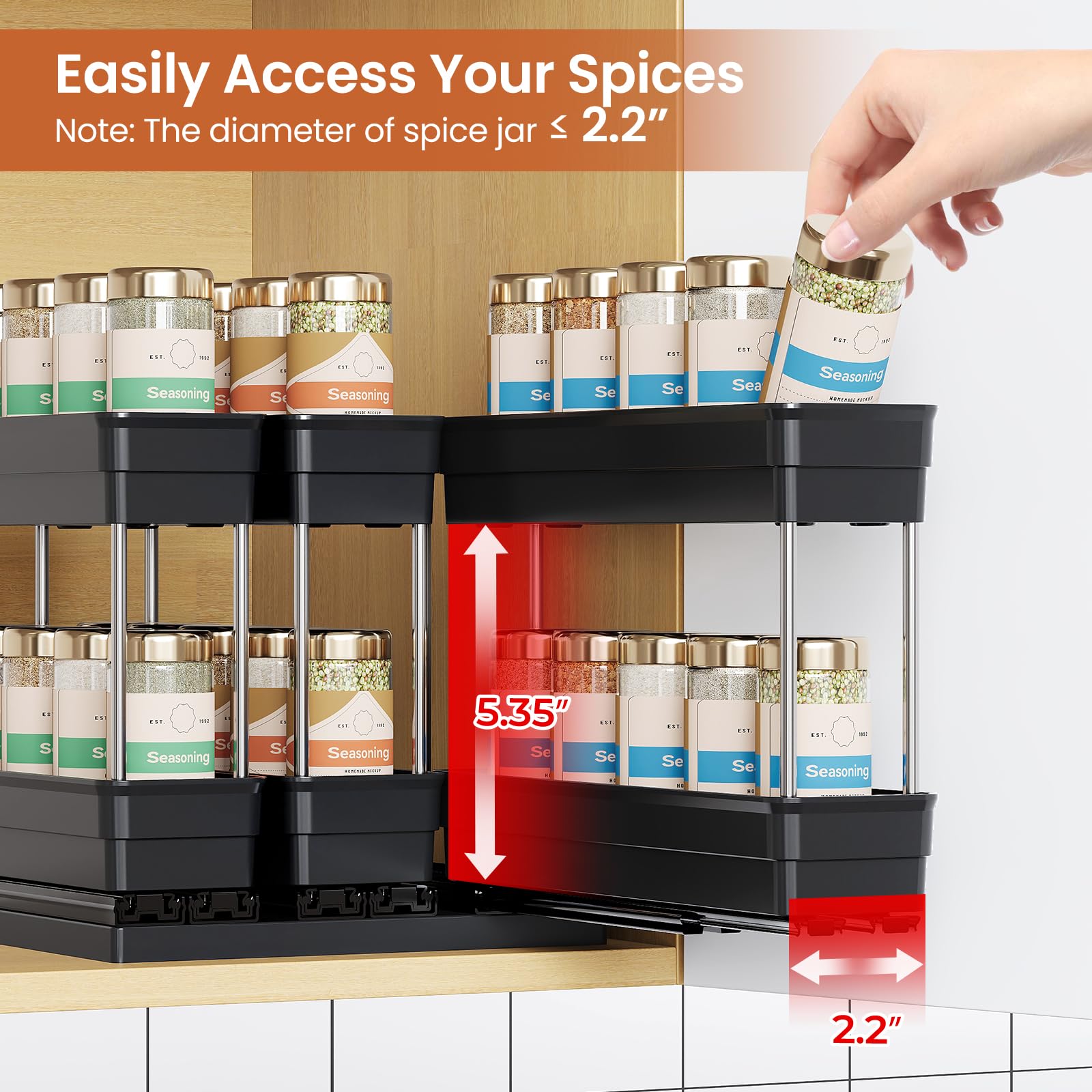 Mystozer pull-out rack extended for quick grabbing while cooking