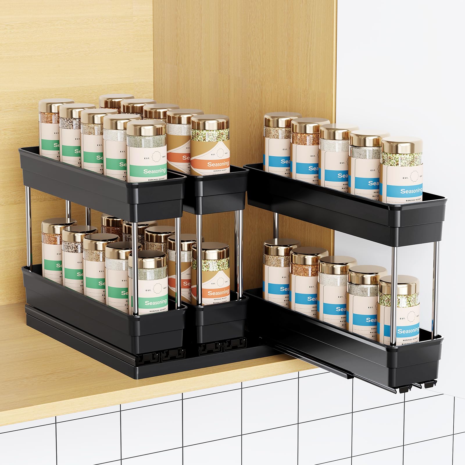 Mystozer pull-out spice rack organizer front view with easy-access storage