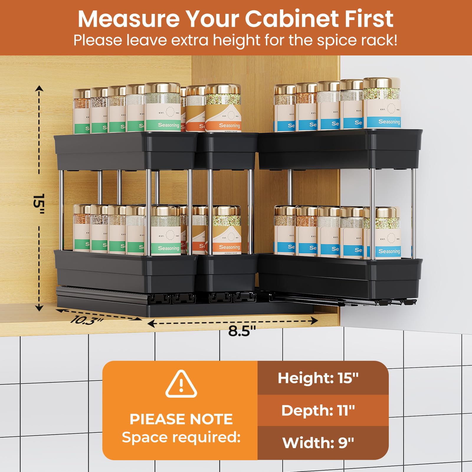 Mystozer spice rack in cabinet mounted over lip for smooth operation