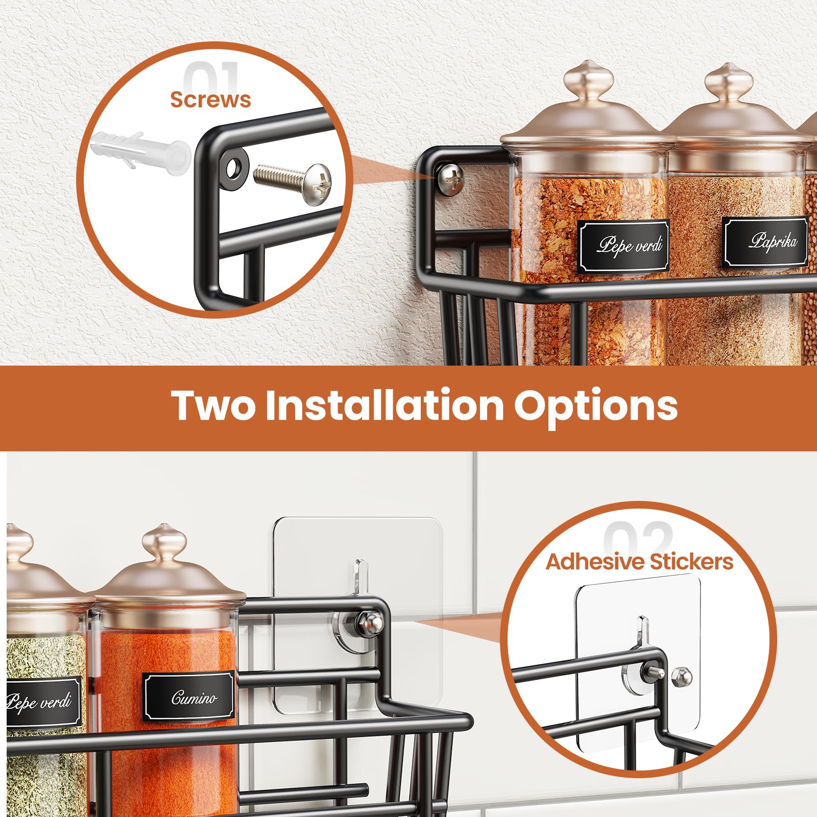 Mystozer wall-mounted rack shown in a kitchen with easy-access spices