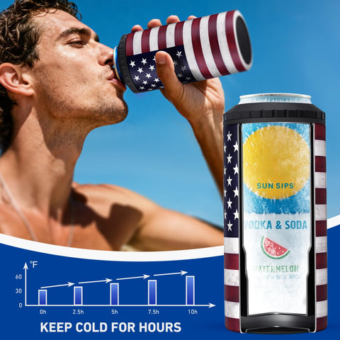 MYTHQUATE 3-in-1 slim can cooler fits beer bottles for portable coldness.