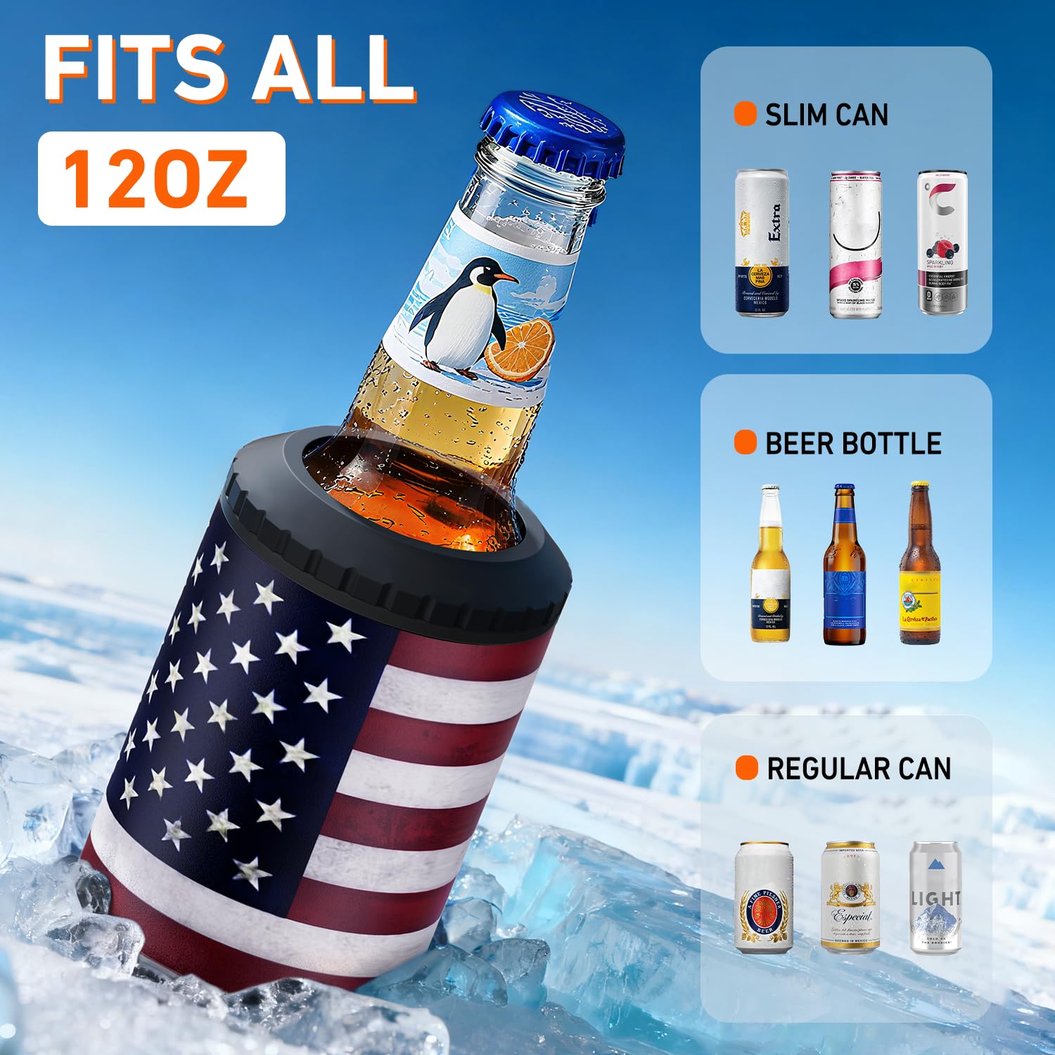 MYTHQUATE 3-in-1 slim can cooler fits regular cans for outdoor refreshment.
