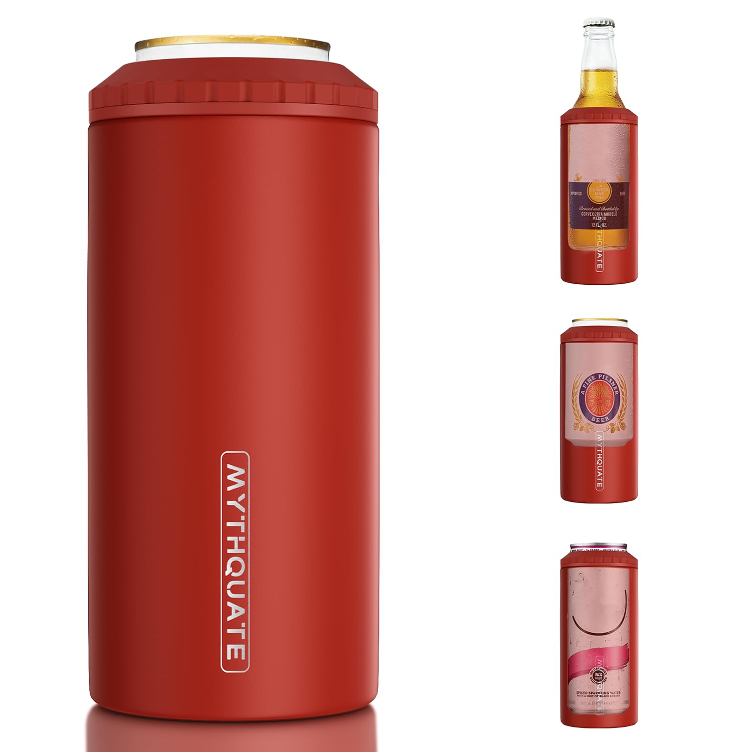 MYTHQUATE 3-in-1 Slim Can Cooler fits 12 oz cans and bottles, keeping drinks cold.