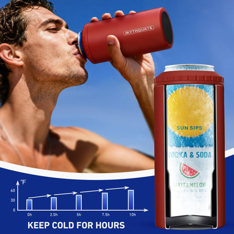MYTHQUATE 3-in-1 Slim Can Cooler for beer bottles ready for outdoor use.