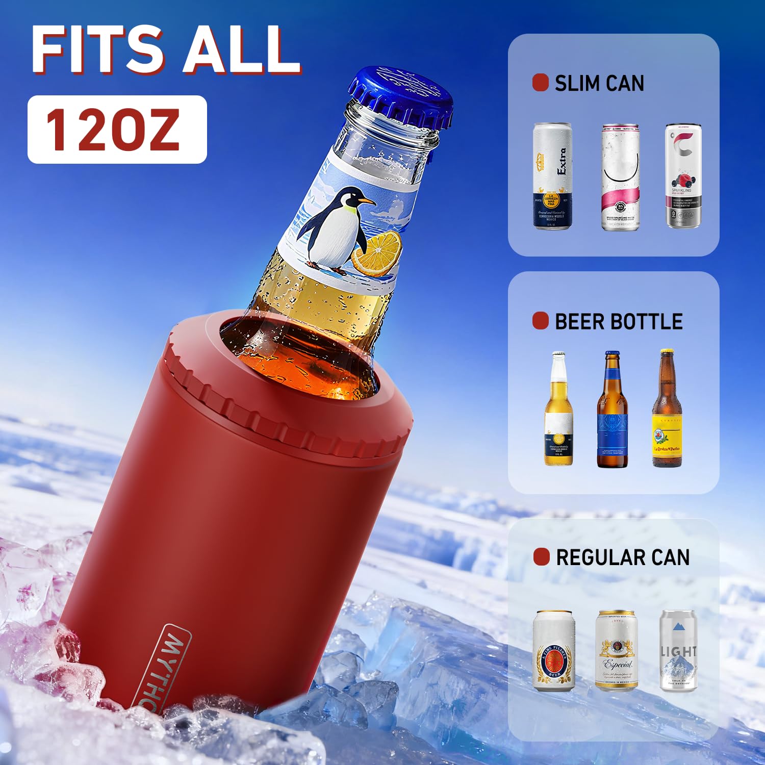 MYTHQUATE 3-in-1 Slim Can Cooler for regular cans keeps drinks cold and comfortable.