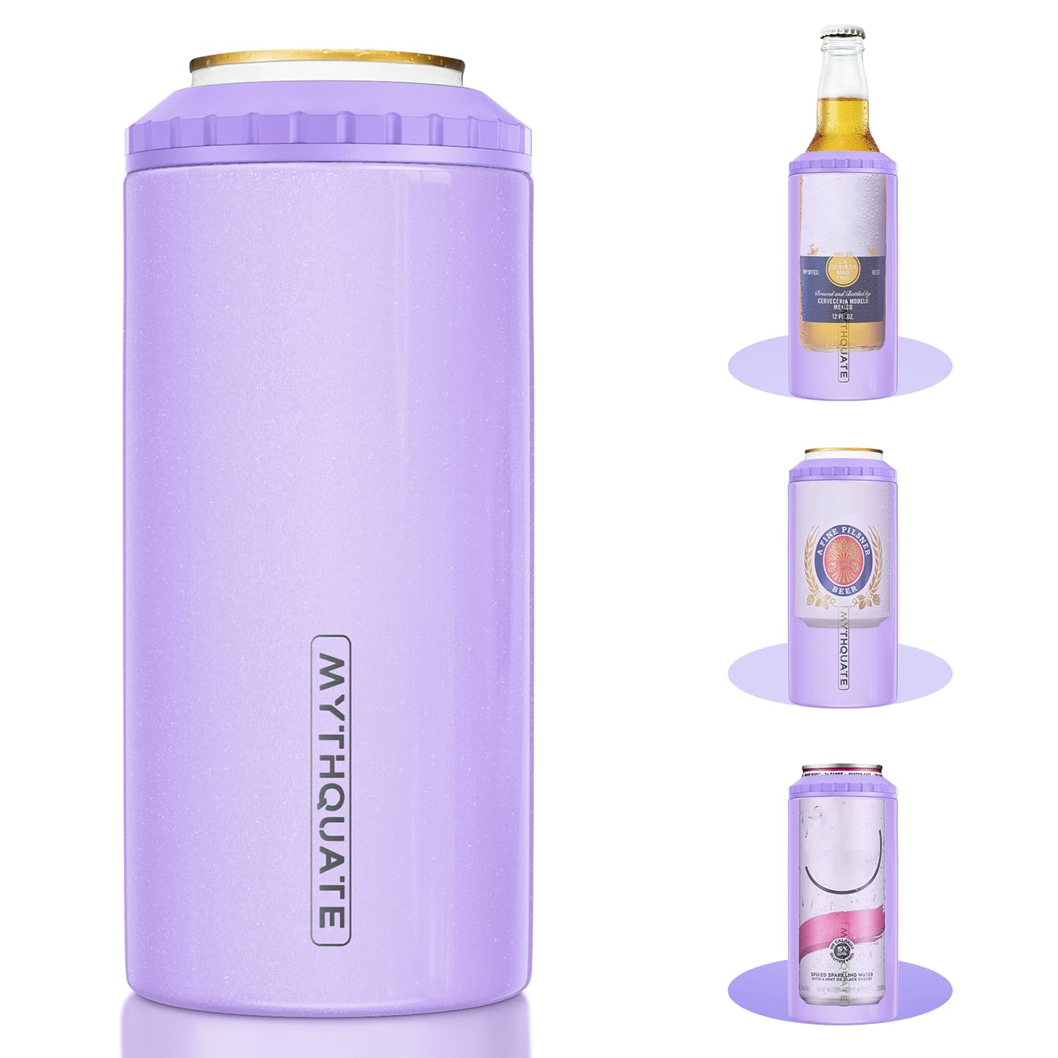 MYTHQUATE 3-in-1 slim can cooler in lavender purple keeps 12 oz drinks cold and stylish