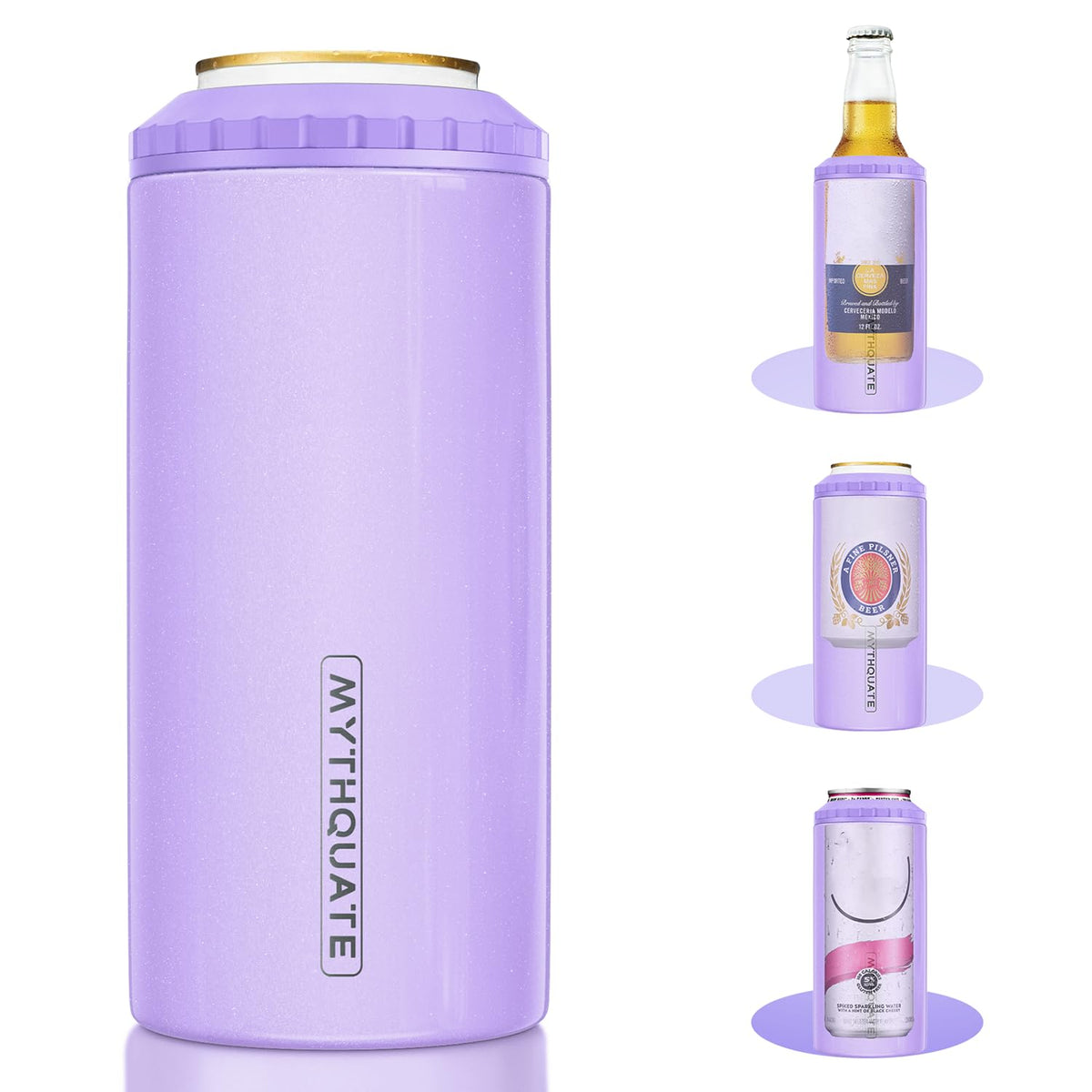 MYTHQUATE 3-in-1 slim can cooler in lavender purple keeps 12 oz drinks cold and stylish