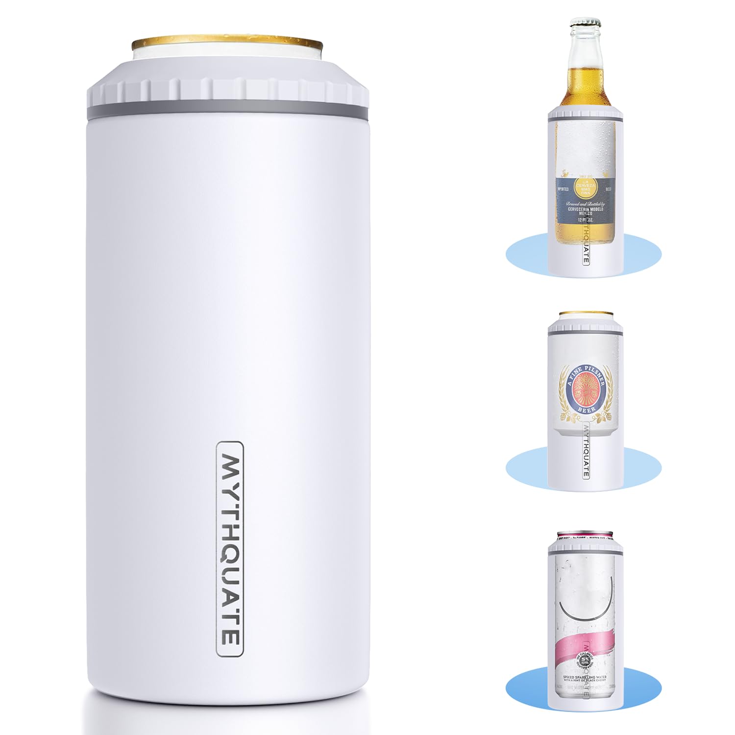 MYTHQUATE 3-in-1 slim can cooler holds a 12oz can securely and keeps it cold.