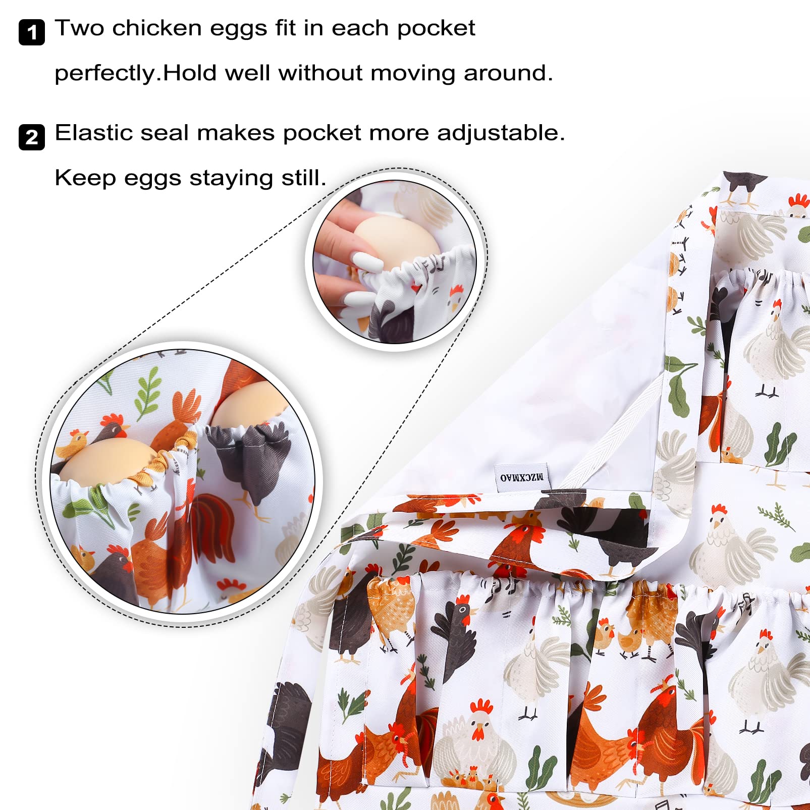 MZCXMAO apron pockets close-up with elastic closures to keep eggs secure.
