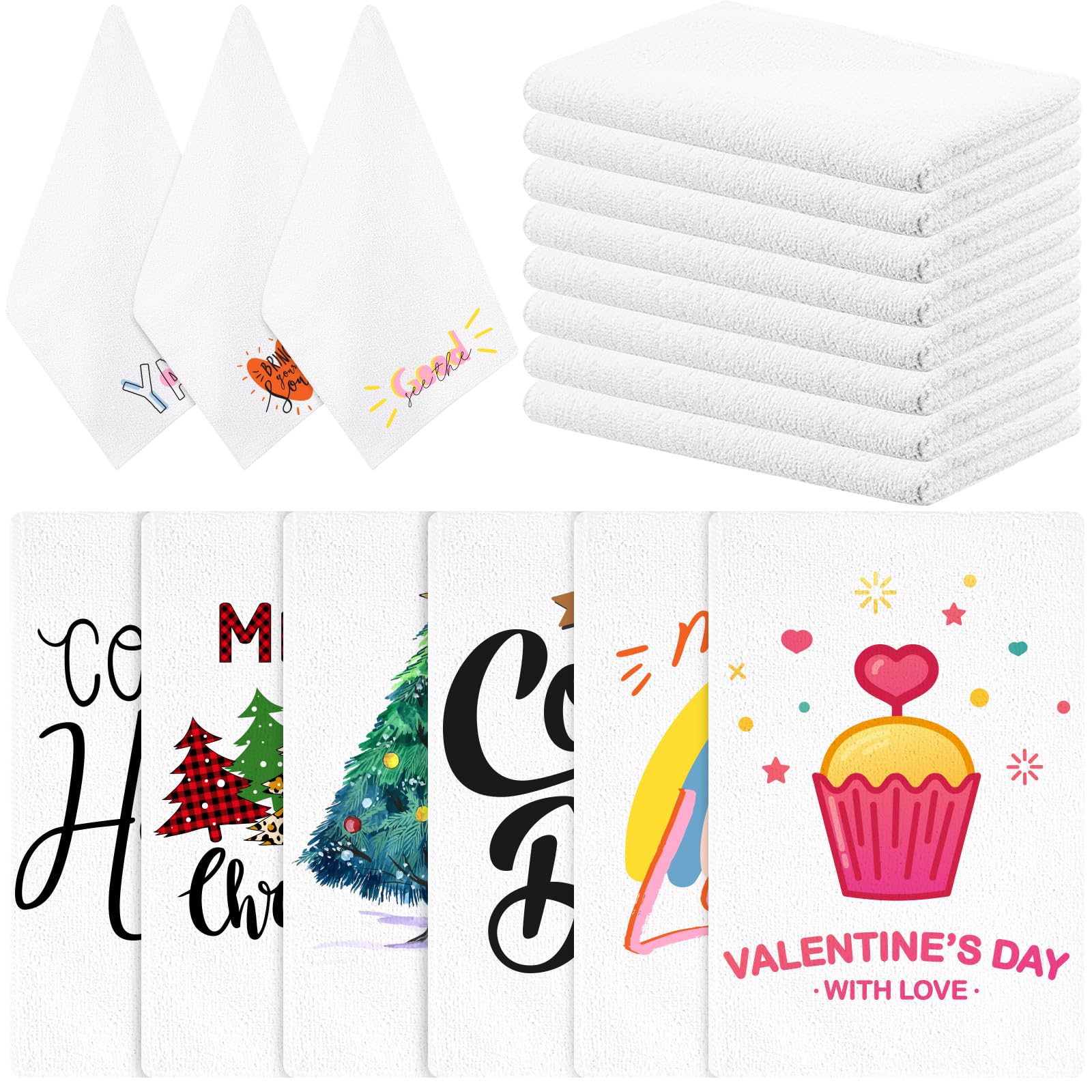 mzfoo 15-piece sublimation towel set on white surface, ideal for DIY designs and daily cleaning