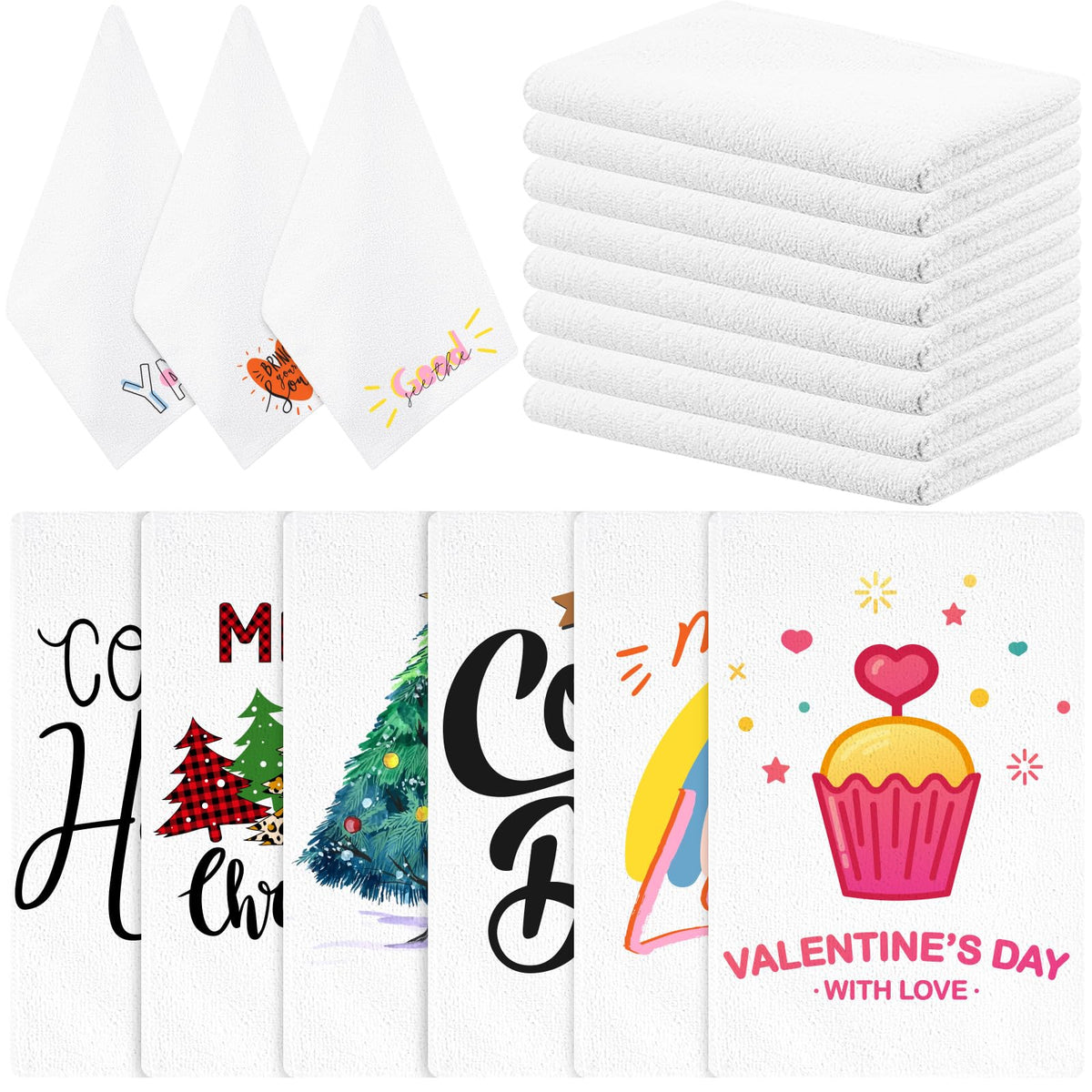 mzfoo 15-piece sublimation towel set on white surface, ideal for DIY designs and daily cleaning