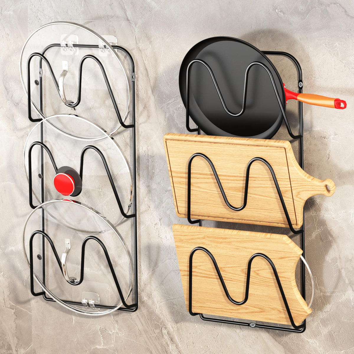 MZTOOL 2Pack pot lid organizer under cabinet with six slots keeps lids neatly organized.