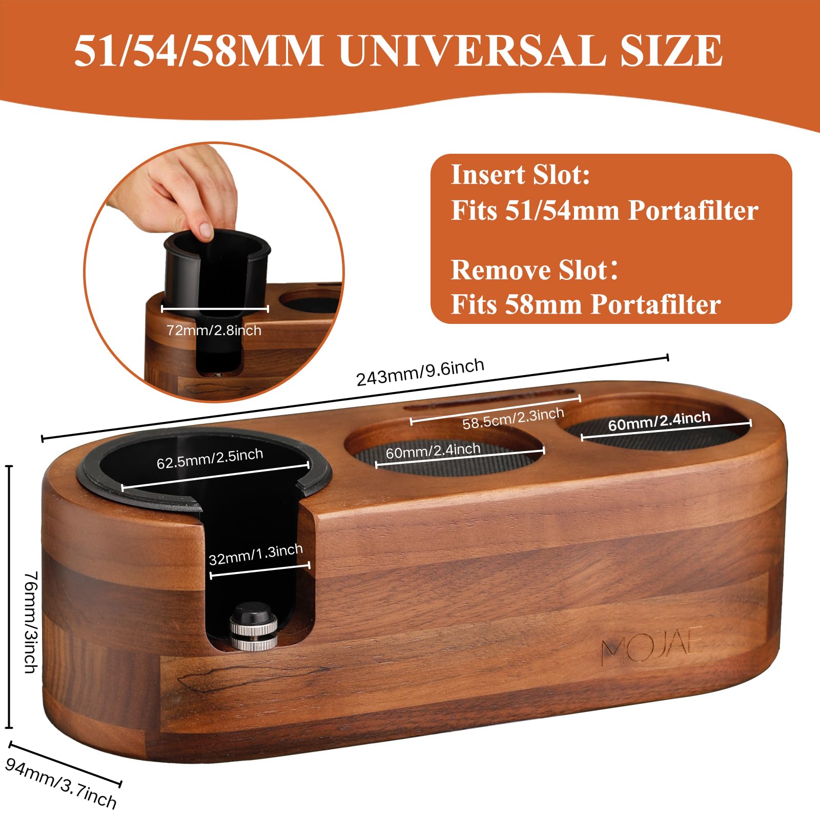 N MOJAE tamping station securely holds the portafilter for quick access.