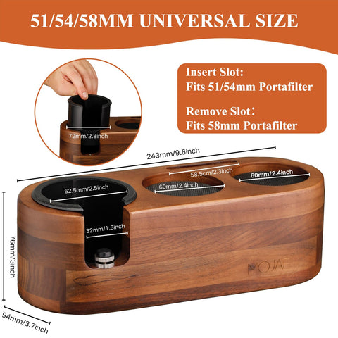 N MOJAE tamping station securely holds the portafilter for quick access.