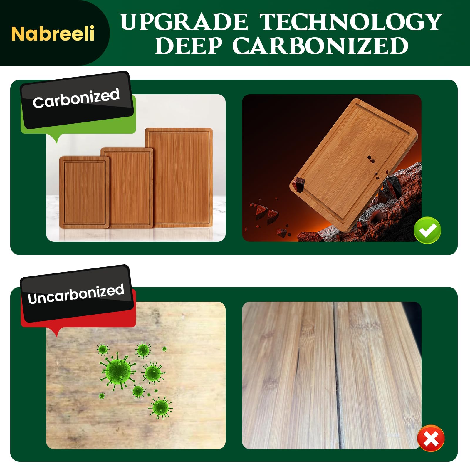 Nabreeli carbonized wood surface for a sturdy, knife-friendly board