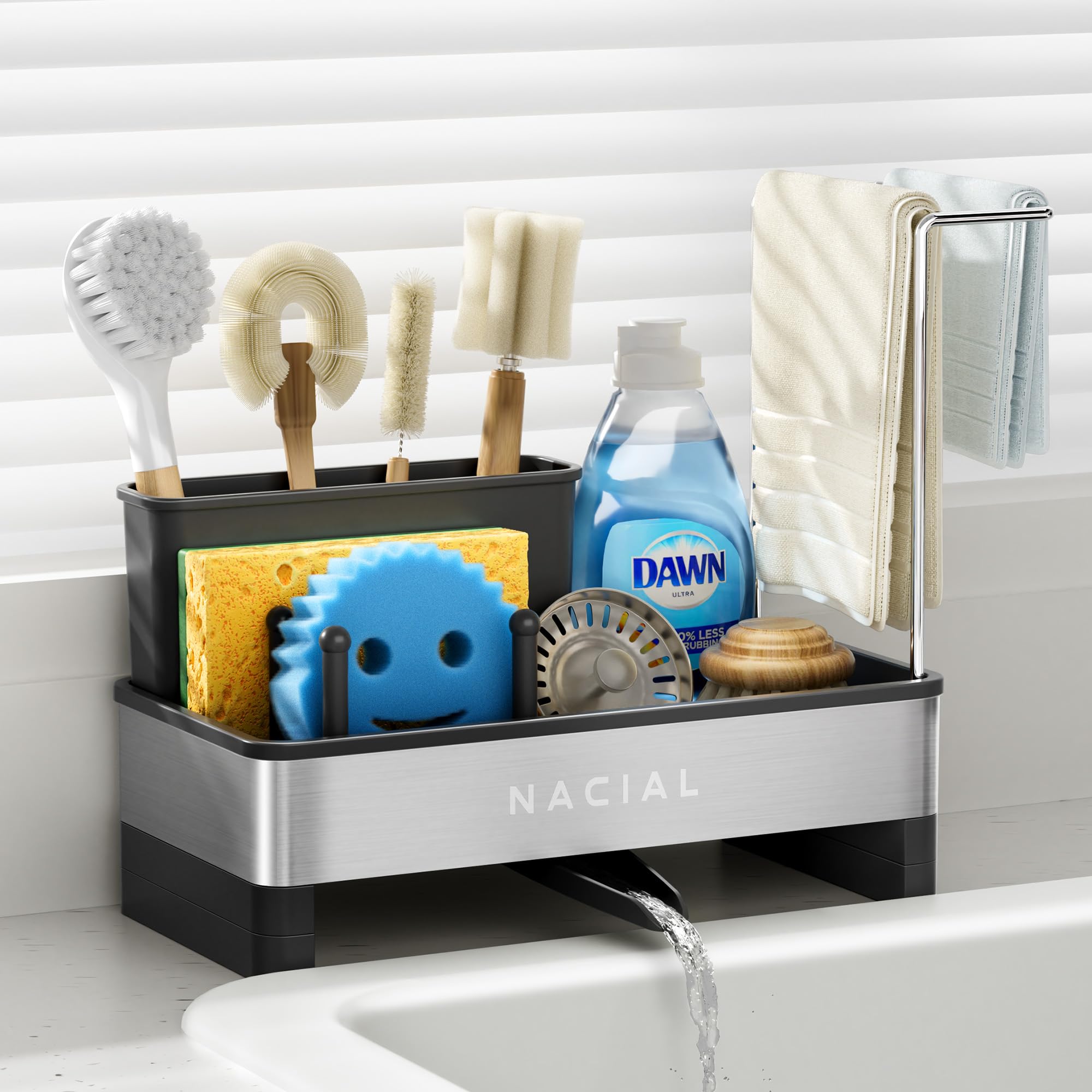 Nacial kitchen sink caddy with high brush holder keeps utensils organized and dry