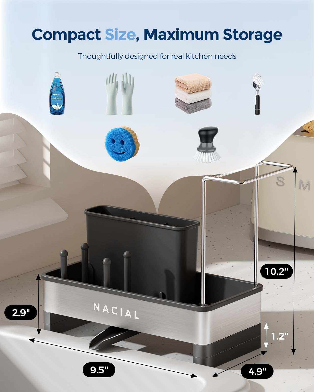 Nacial sponge holder keeps sponges accessible while draining into sink efficiently