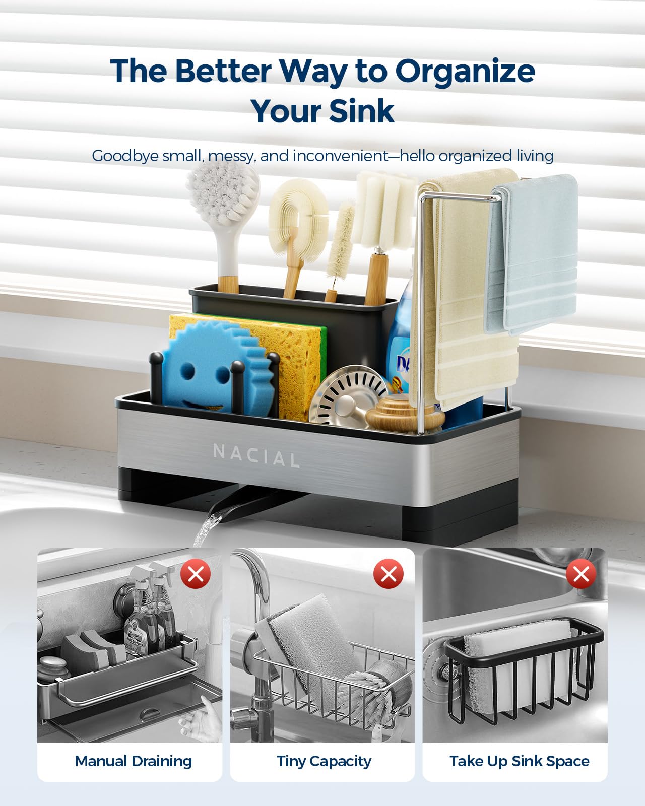 Nacial adjustable height with detachable base fits any sink setup