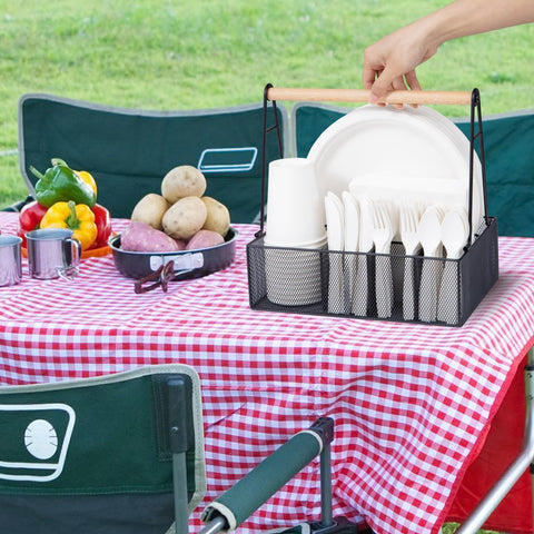NACIMAX six-compartment caddy keeps plates, cups, and napkins neatly organized