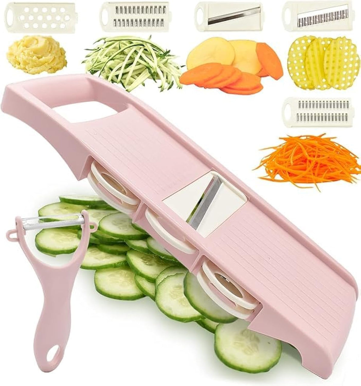 NACOLUS mandoline pink front view showing even slices and quick prep.