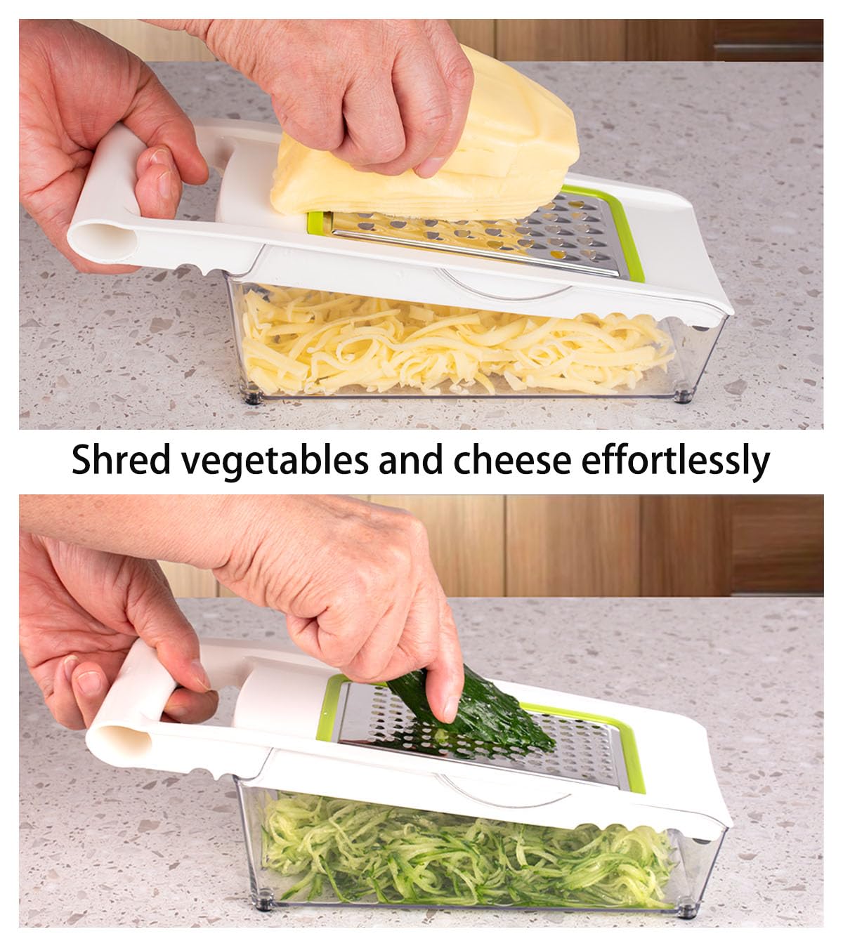 NACOLUS stainless steel blades deliver precise cuts for cheese and vegetables.