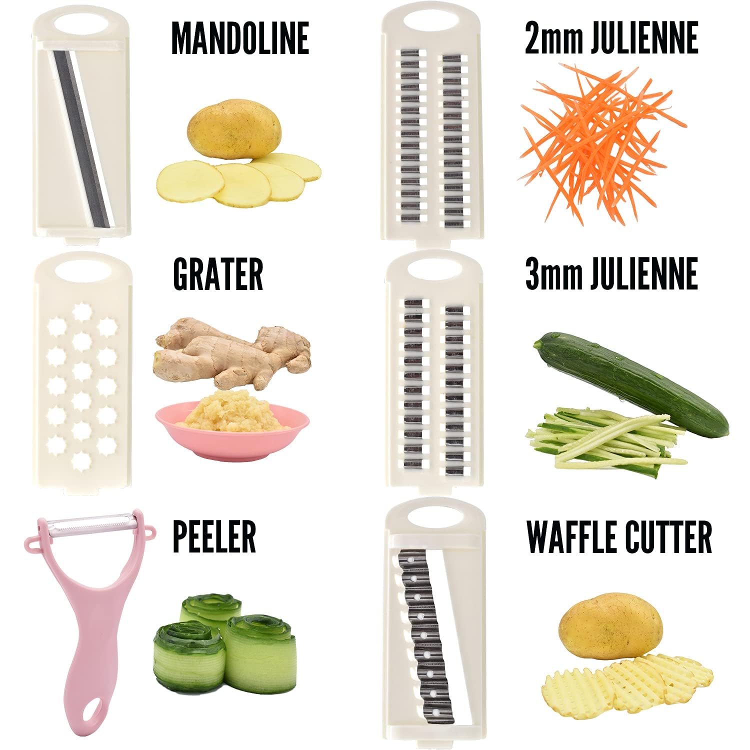 NACOLUS pink mandoline with included vegetable peeler ready for prep.
