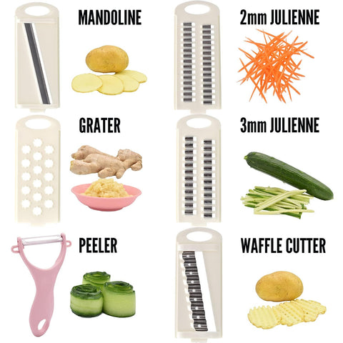 NACOLUS pink mandoline with included vegetable peeler ready for prep.