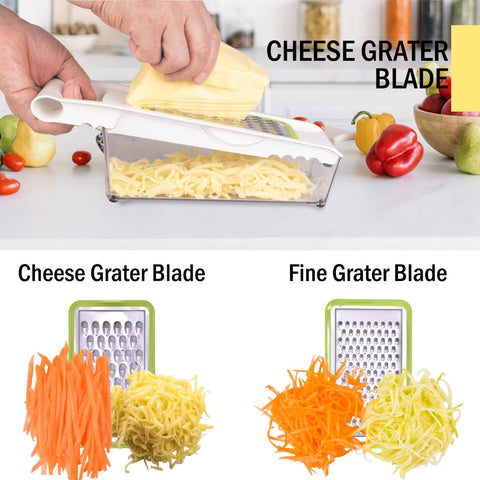 NACOLUS vegetable slicer shows clear container catching slices and reducing mess.