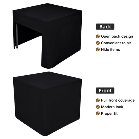 Nacuci 34x34 inch black fitted tablecloth draped for a wedding setup.