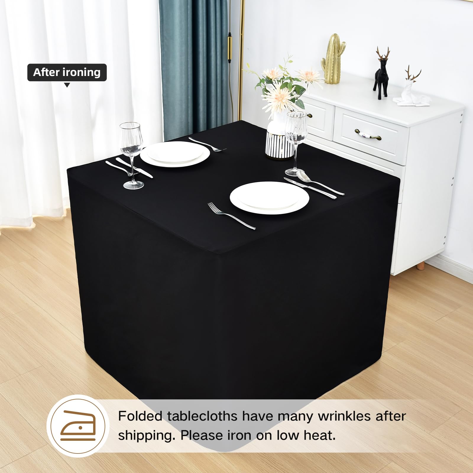 Nacuci 34x34 inch black fitted tablecloth placed at a banquet table.