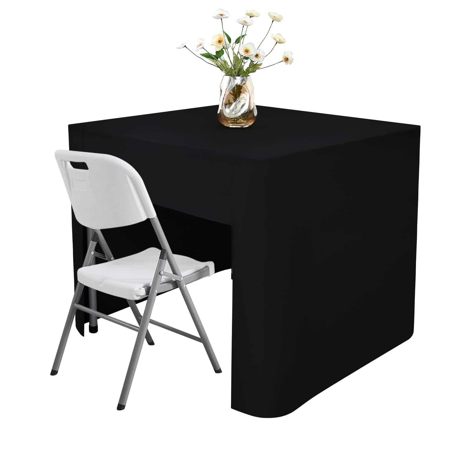 Nacuci 34x34 inch black open-back fitted tablecloth on table for a clean, professional look.