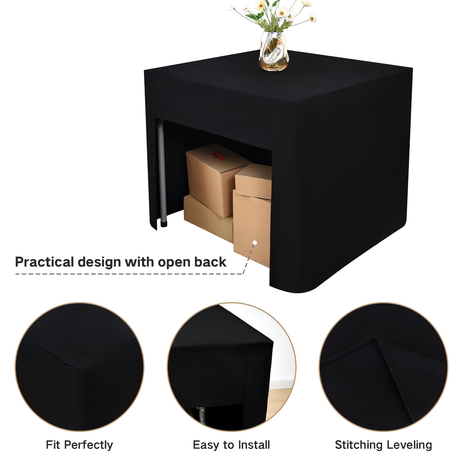 Nacuci 34x34 inch black open-back tablecloth ideal for trade show booths.